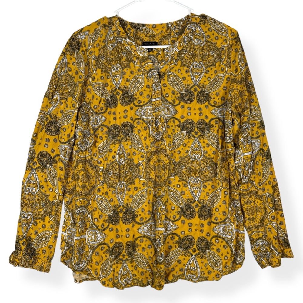Talbots Top Womens XL Mustard‎ Yellow Geo Paisley Long Sleeve Pullover Blouse